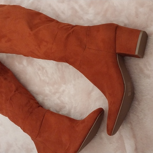 TU rust orange suedette soft feel knee high block heel zip cowboy boots 5 - Picture 3 of 9